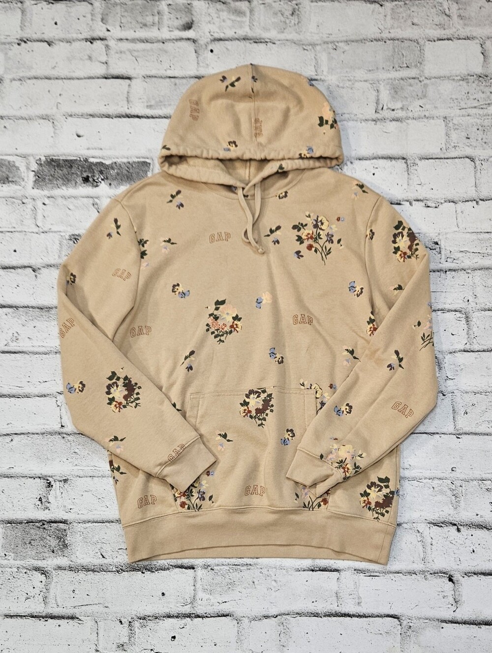 Gap Mens Floral Logo Print Pullover Hoodie Tan Beige Size Large